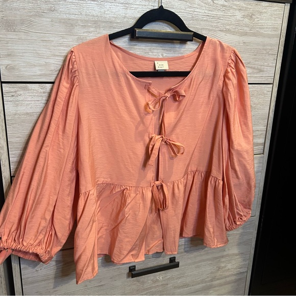 a new day Pink Elbow Sleeve Peplum Tie-Front Blouse Large - Picture 2 of 5